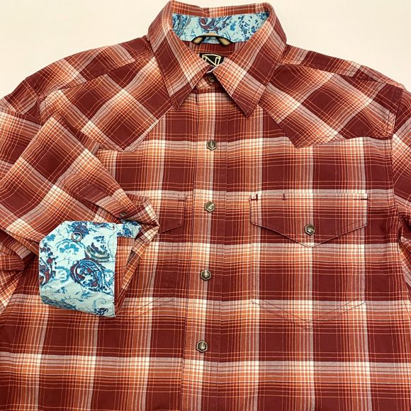 Noble Outfitters Mens Small Pearl Snap Western Shirt Red Plaid Flip-Cuff Stretch - Picture 1 of 9